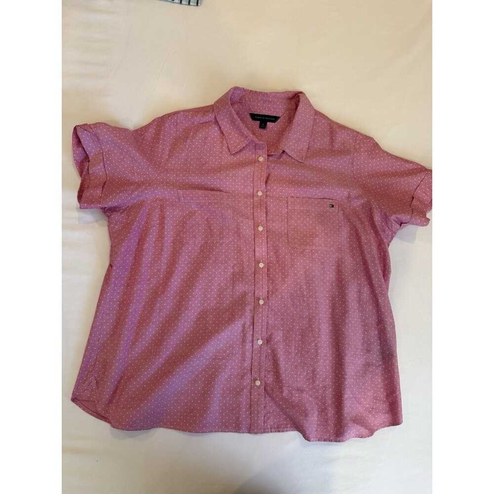 Tommy Hilfiger Shirt  Pin-Dot Women Large Short Sleeve Cuffed Chest Pocket Pink